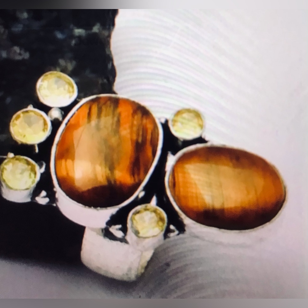 Tiger Eye Citrine Stamped 925 Sterling Silver Ring